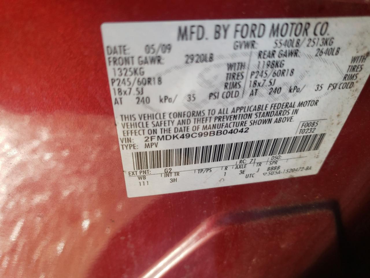 Photo 10 from auction – 2009 FORD EDGE LIMIT with VIN 2FMDK49C99BB04042