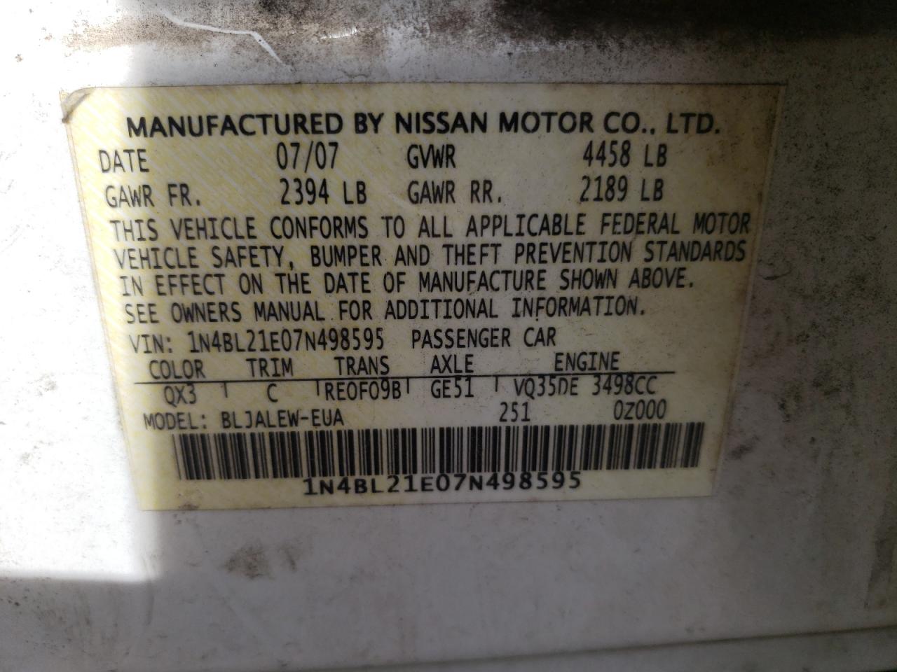 Photo 10 from auction – 2007 NISSAN ALTIMA 3.5 with VIN 1N4BL21E07N498595