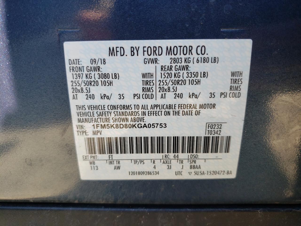 Photo 10 from auction – 2019 FORD EXPLORER X with VIN 1FM5K8D80KGA05753