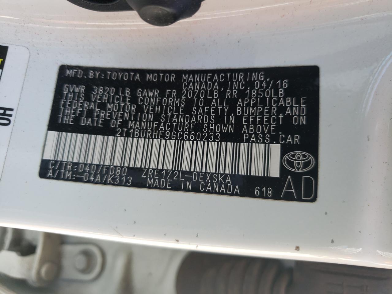 Photo 10 from auction – 2016 TOYOTA COROLLA L with VIN 2T1BURHE9GC660233