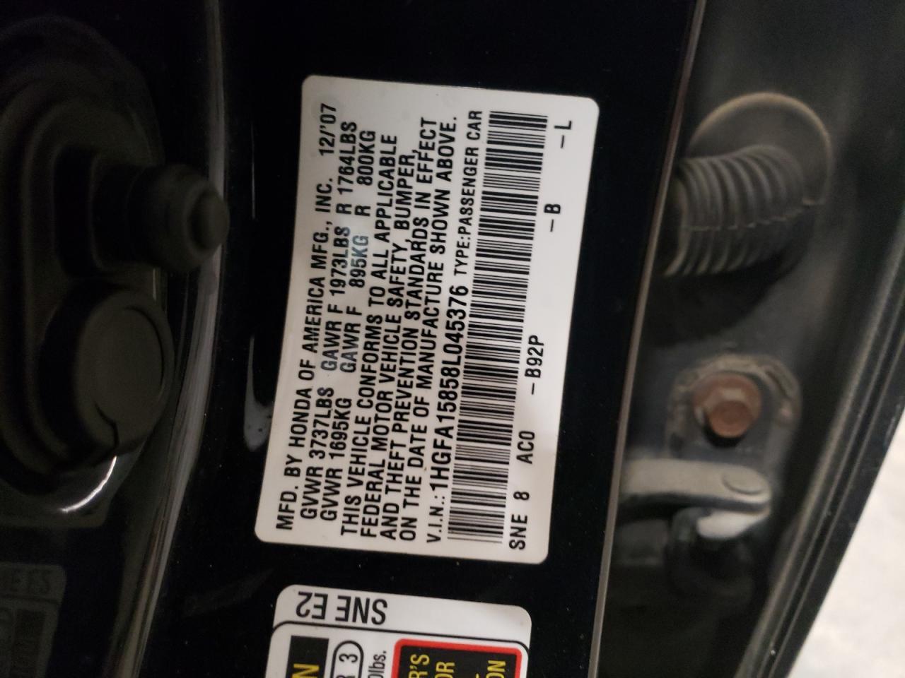 Photo 10 from auction – 2008 HONDA CIVIC EX with VIN 1HGFA15858L045376