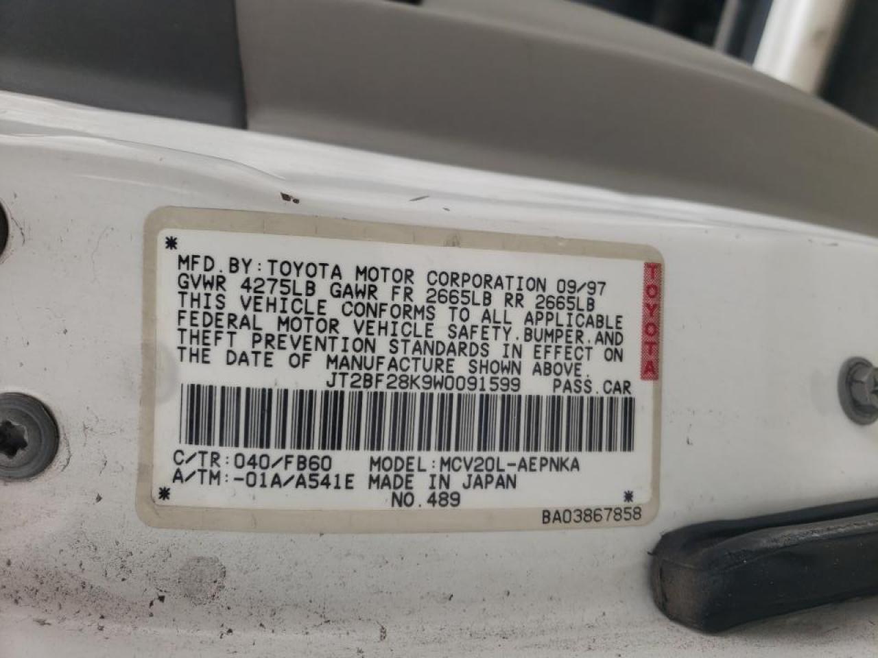 Photo 10 from auction – 1998 TOYOTA CAMRY LE with VIN JT2BF28K9W0091599