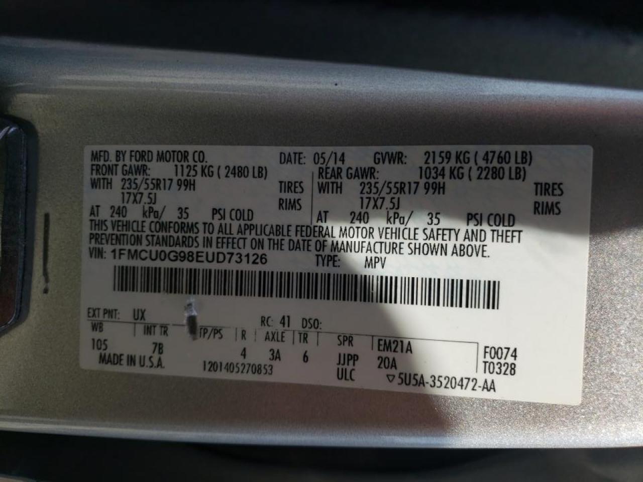 Photo 10 from auction – 2014 FORD ESCAPE SE with VIN 1FMCU0G98EUD73126