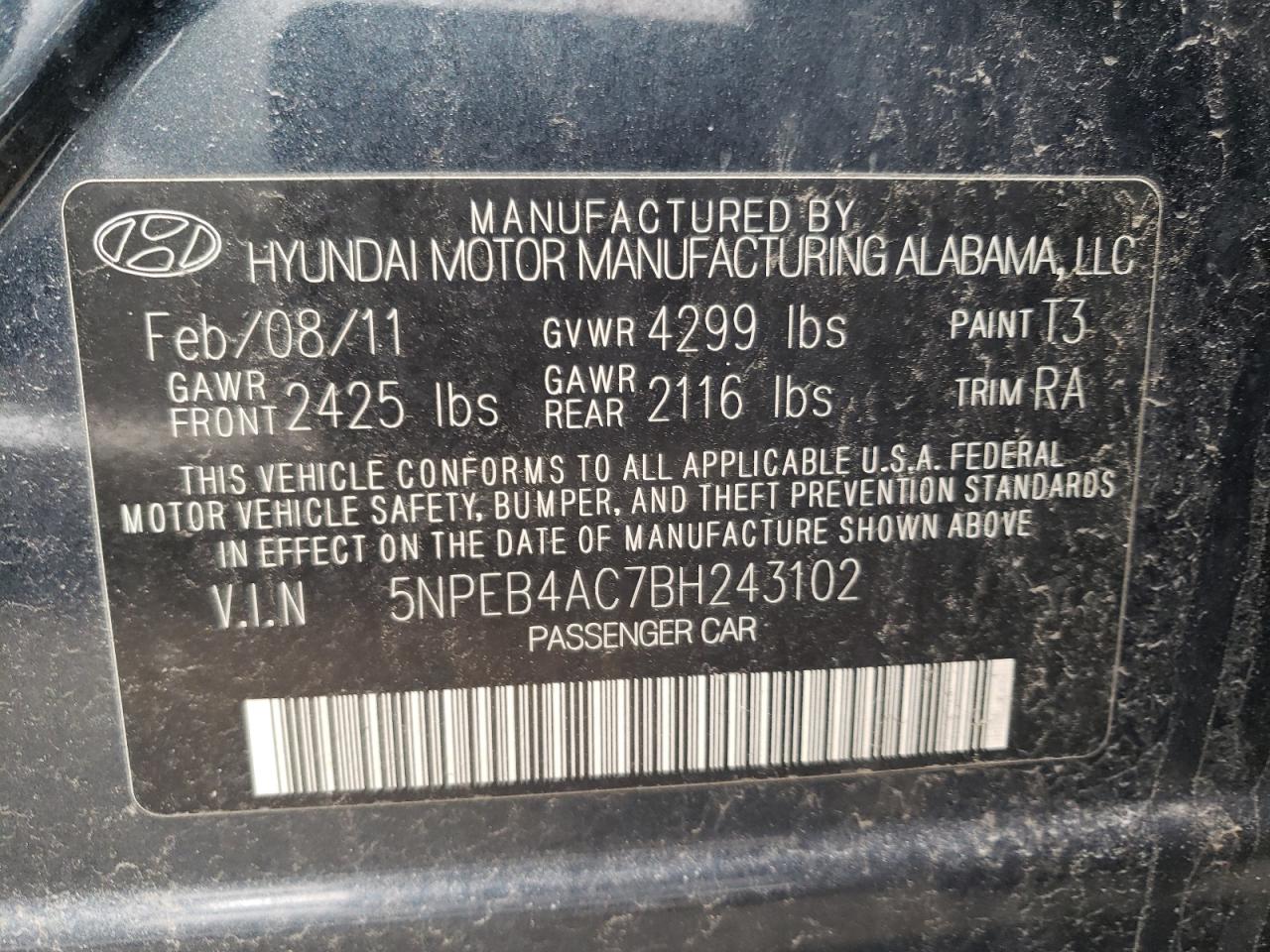 Photo 10 from auction – 2011 HYUNDAI SONATA GLS with VIN 5NPEB4AC7BH243102