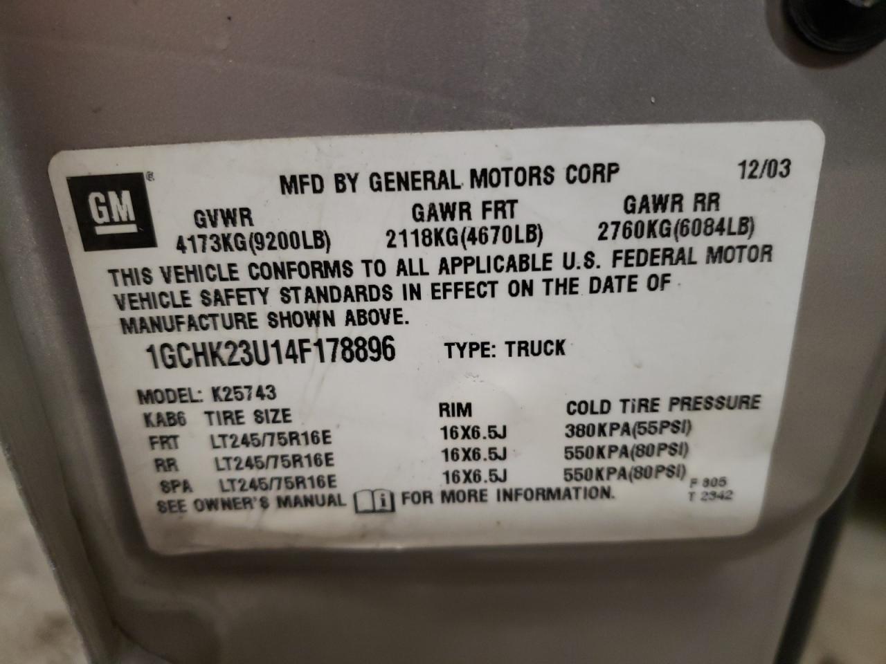 Photo 10 from auction – 2004 CHEVROLET SILVERADO with VIN 1GCHK23U14F178896