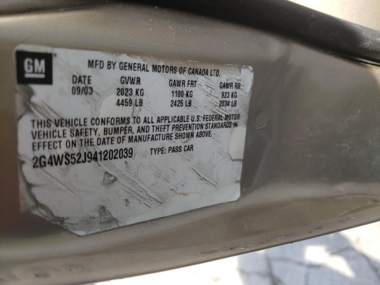 Photo 10 from auction – 2004 BUICK CENTURY CU with VIN 2G4WS52J941202039