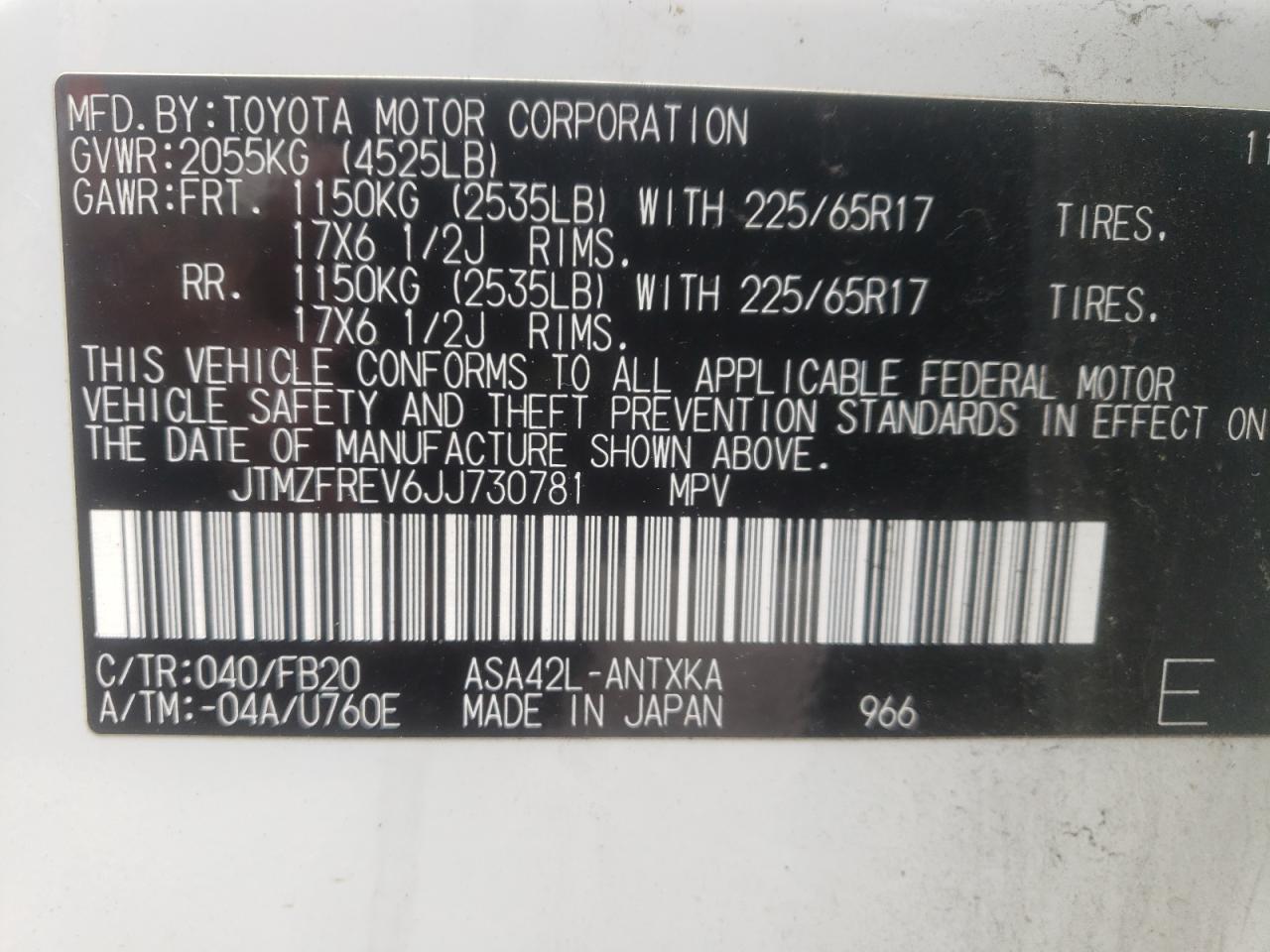 Photo 10 from auction – 2018 TOYOTA RAV4 LE with VIN JTMZFREV6JJ730781