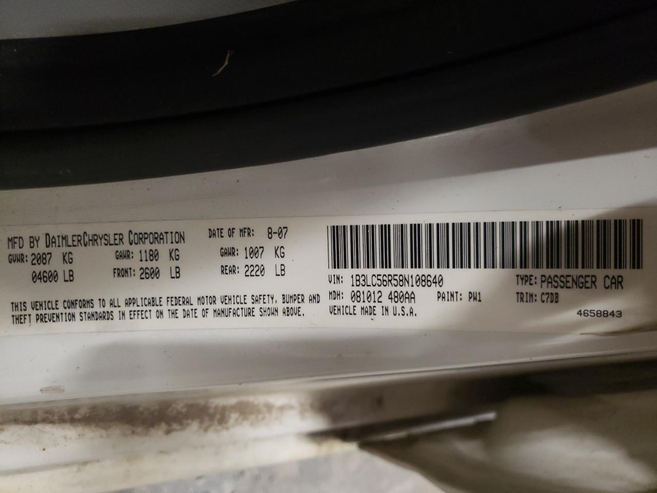 Photo 10 from auction – 2008 DODGE AVENGER SX with VIN 1B3LC56R58N108640
