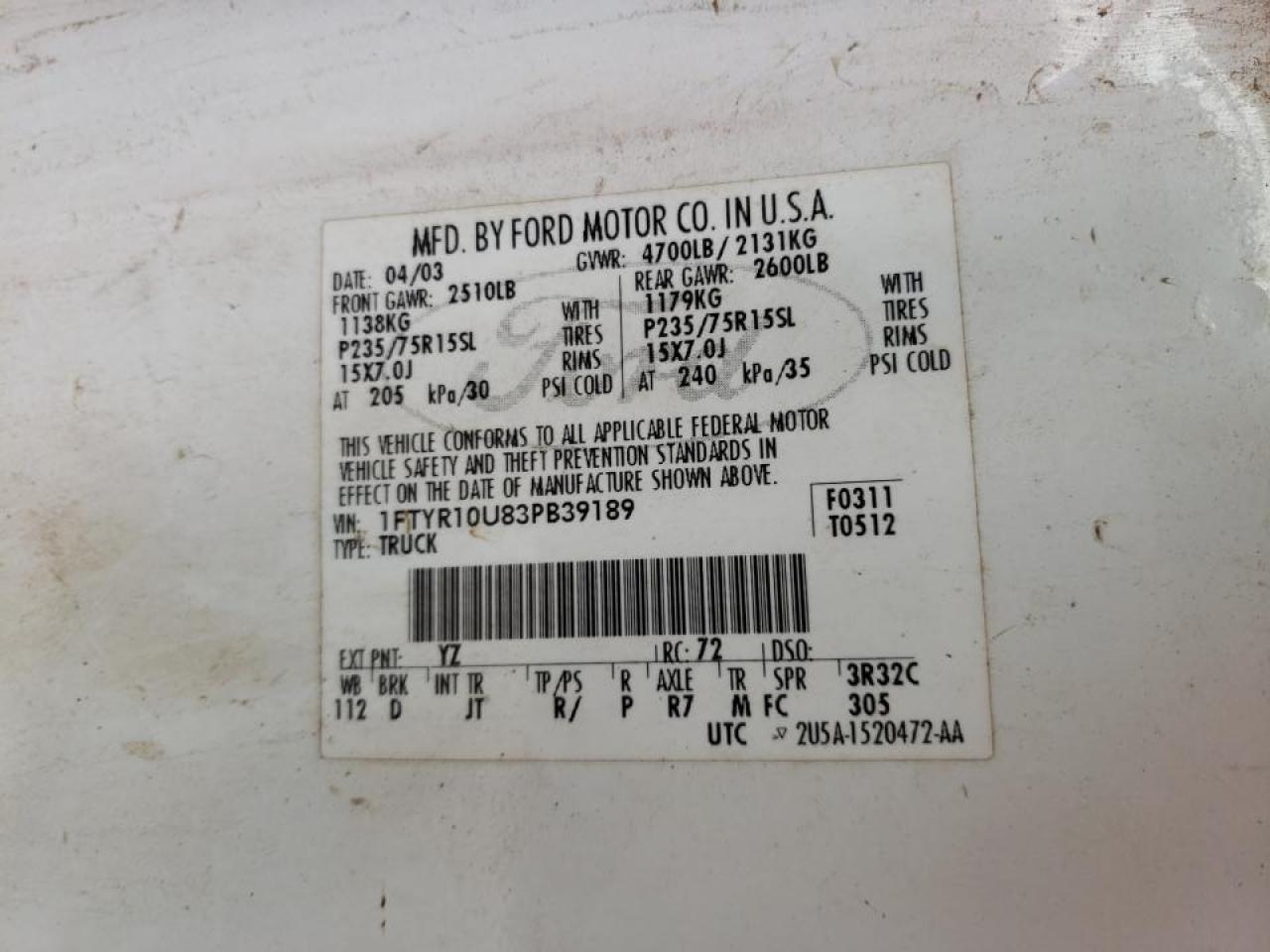 Photo 10 from auction – 2003 FORD RANGER with VIN 1FTYR10U83PB39189