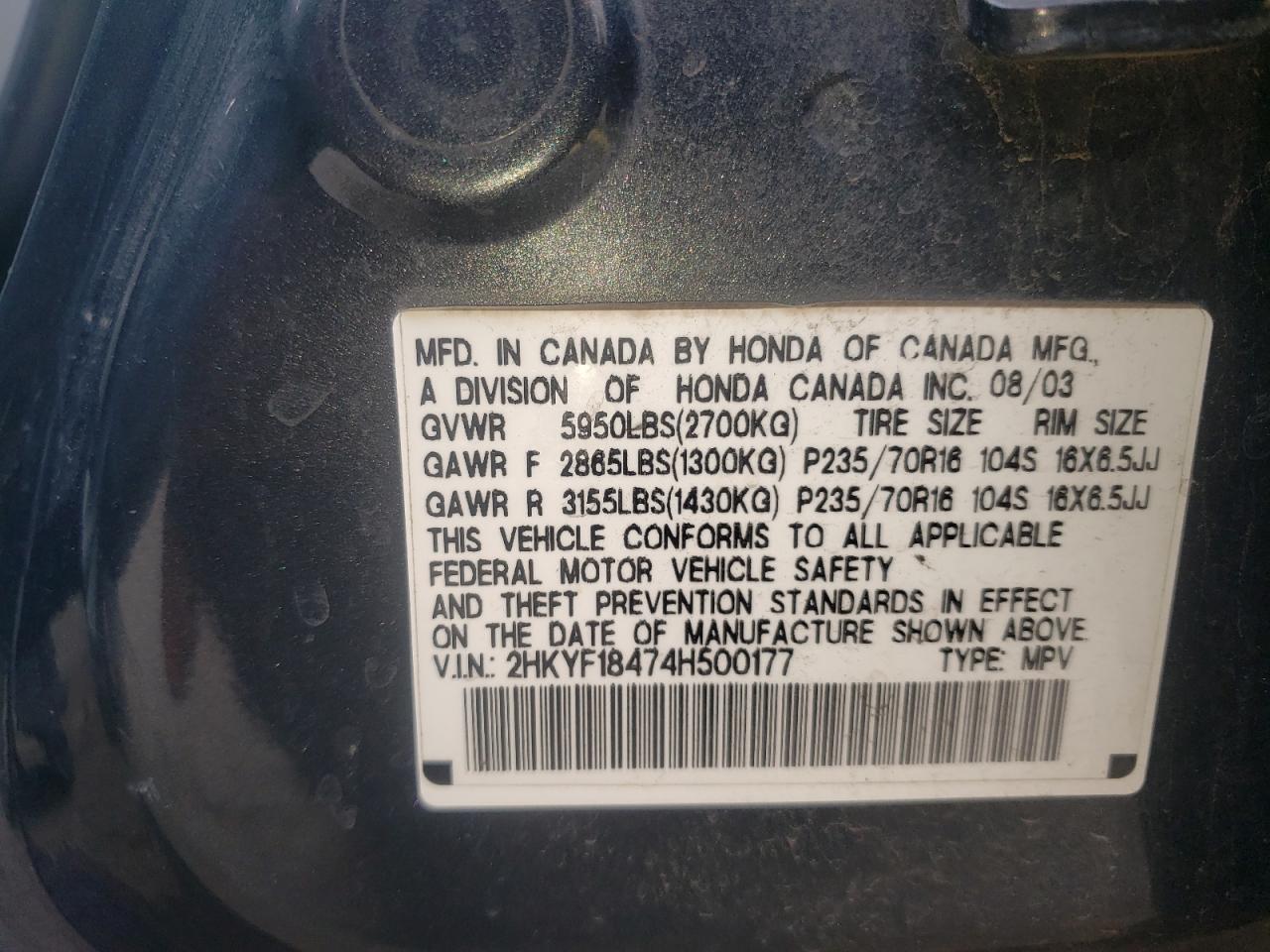 Photo 10 from auction – 2004 HONDA PILOT EX with VIN 2HKYF18474H500177