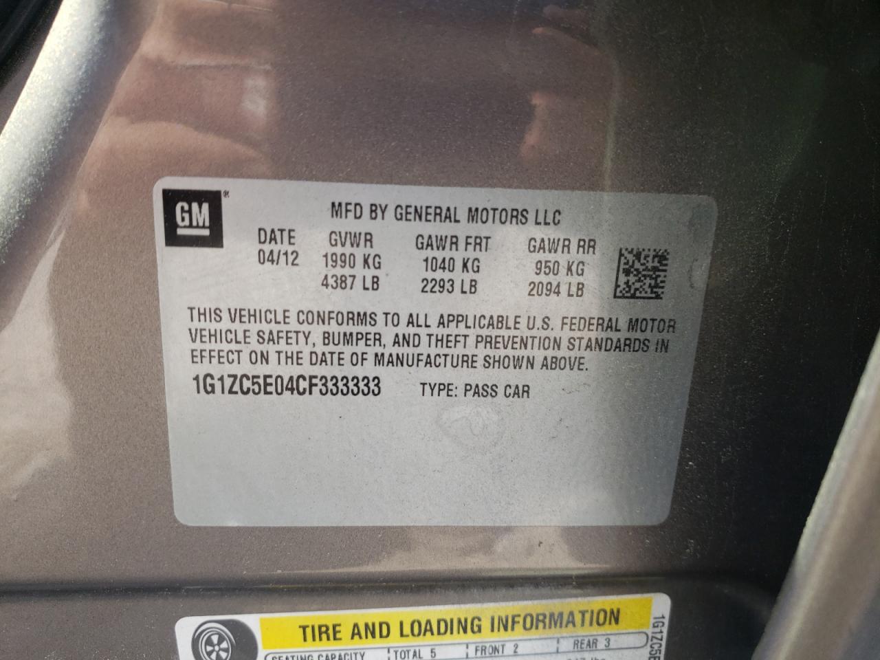 Photo 10 from auction – 2012 CHEVROLET MALIBU with VIN 1G1ZC5E04CF333333