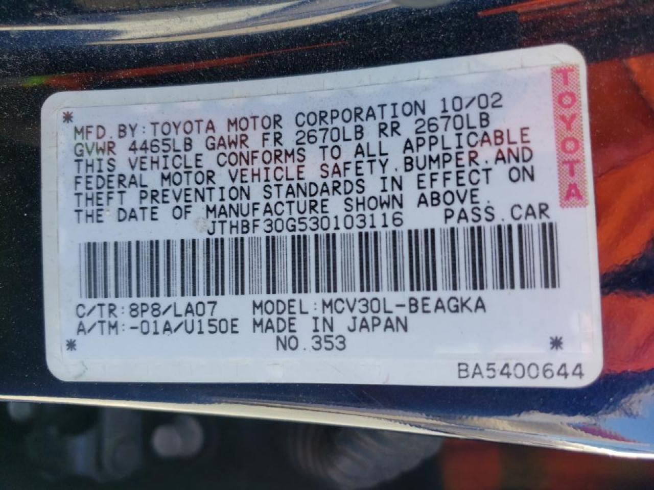 Photo 10 from auction – 2003 LEXUS ES 300 with VIN JTHBF30G530103116