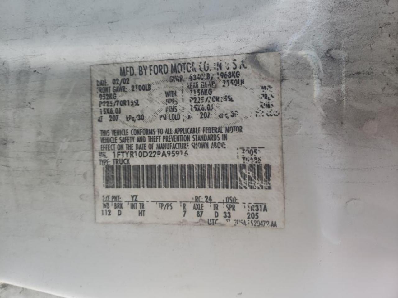 Photo 10 from auction – 2002 FORD RANGER with VIN 1FTYR10D22PA95916