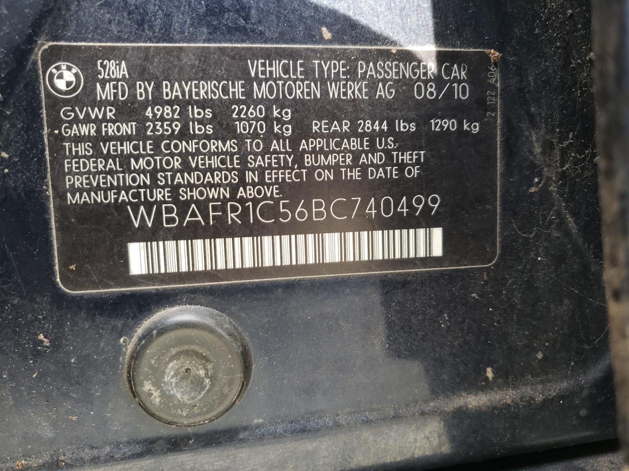 Photo 10 from auction – 2011 BMW 528 I with VIN WBAFR1C56BC740499