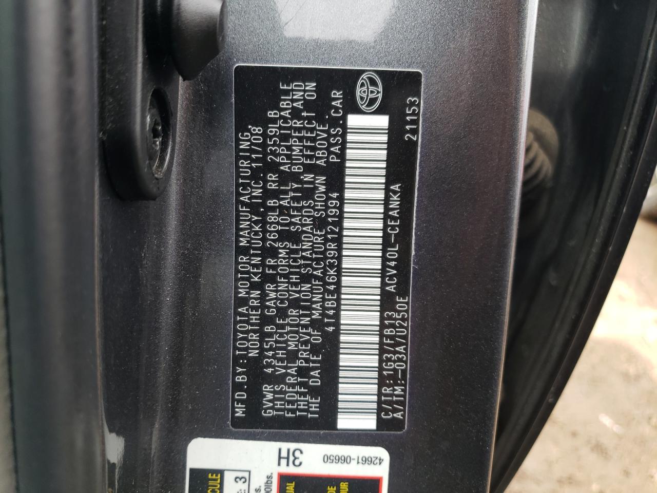 Photo 10 from auction – 2009 TOYOTA CAMRY BASE with VIN 4T4BE46K39R121994
