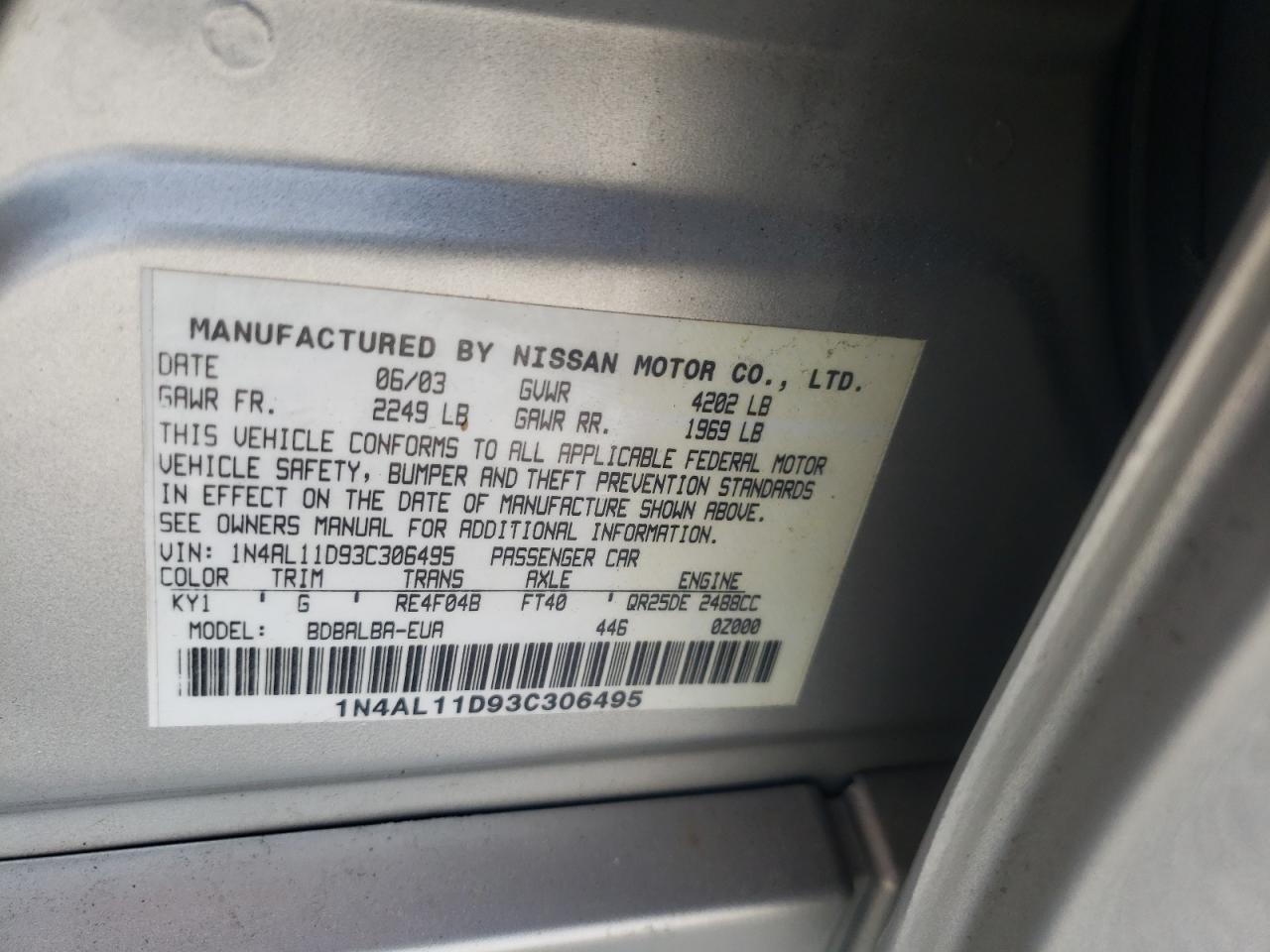 Photo 10 from auction – 2003 NISSAN ALTIMA BAS with VIN 1N4AL11D93C306495