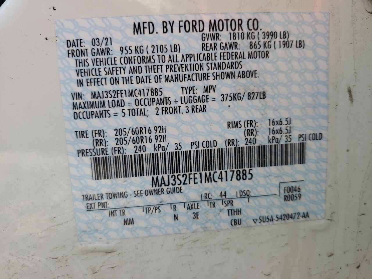 Photo 10 from auction – 2021 FORD ECOSPORT S with VIN MAJ3S2FE1MC417885
