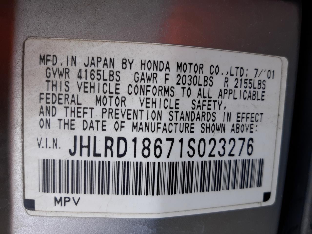 Photo 10 from auction – 2001 HONDA CR-V EX with VIN JHLRD18671S023276