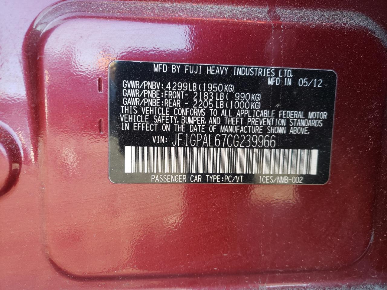 Photo 10 from auction – 2012 SUBARU IMPREZA SP with VIN JF1GPAL67CG239966