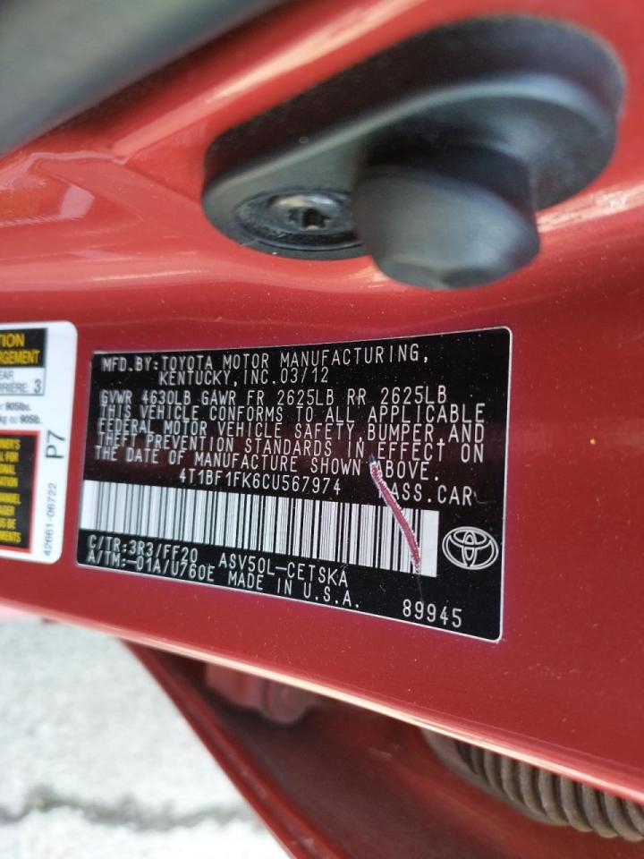 Photo 10 from auction – 2012 TOYOTA CAMRY BASE with VIN 4T1BF1FK6CU567974