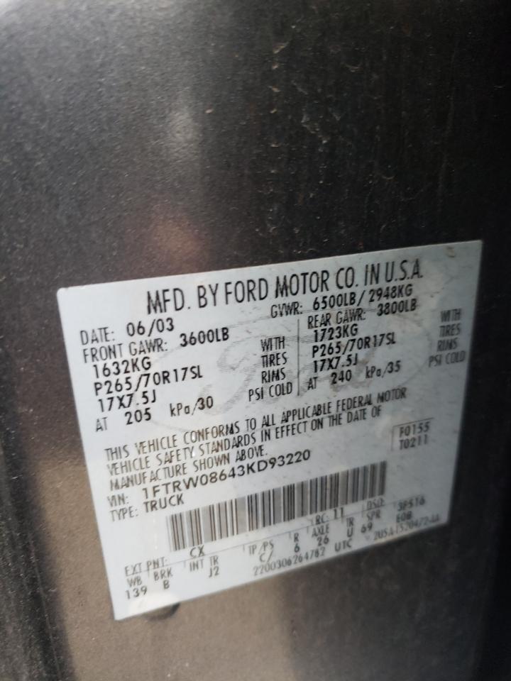 Photo 10 from auction – 2003 FORD F150 SUPER with VIN 1FTRW08643KD93220