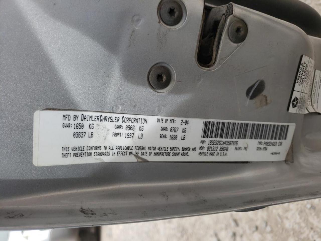 Photo 10 from auction – 2004 DODGE NEON BASE with VIN 1B3ES26CX4D587076