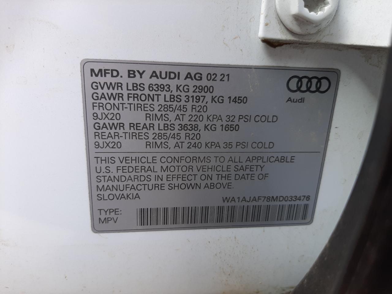 Photo 10 from auction – 2021 AUDI Q7 PREMIUM with VIN WA1AJAF78MD033476