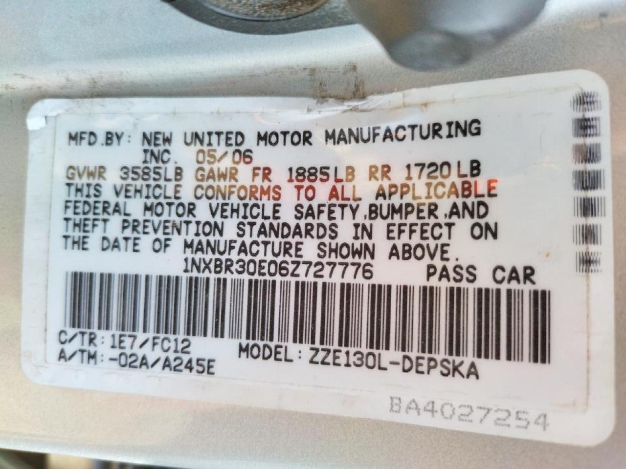 Photo 10 from auction – 2006 TOYOTA COROLLA CE with VIN 1NXBR30E06Z727776