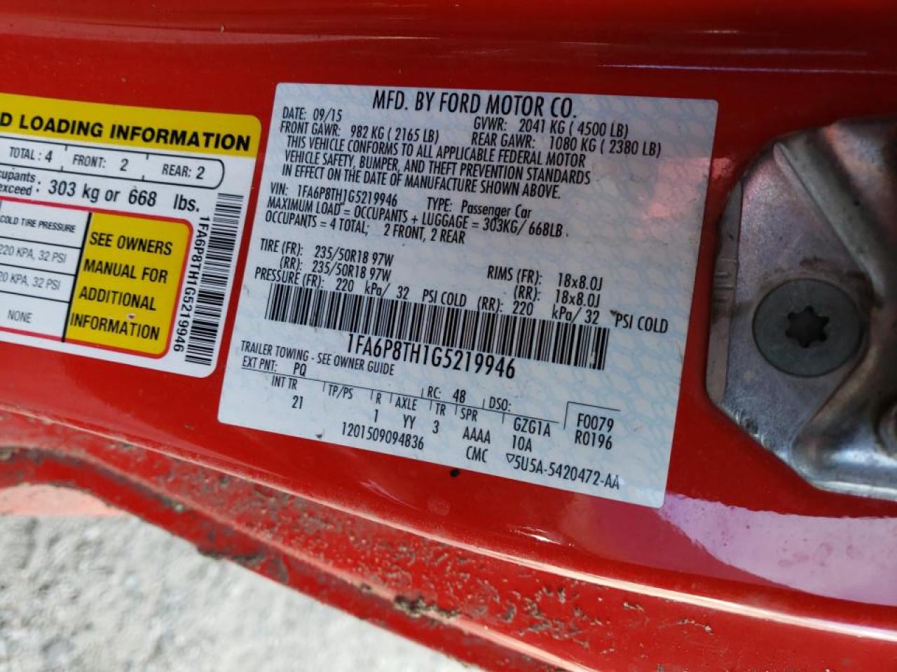 Photo 10 from auction – 2016 FORD MUSTANG with VIN 1FA6P8TH1G5219946