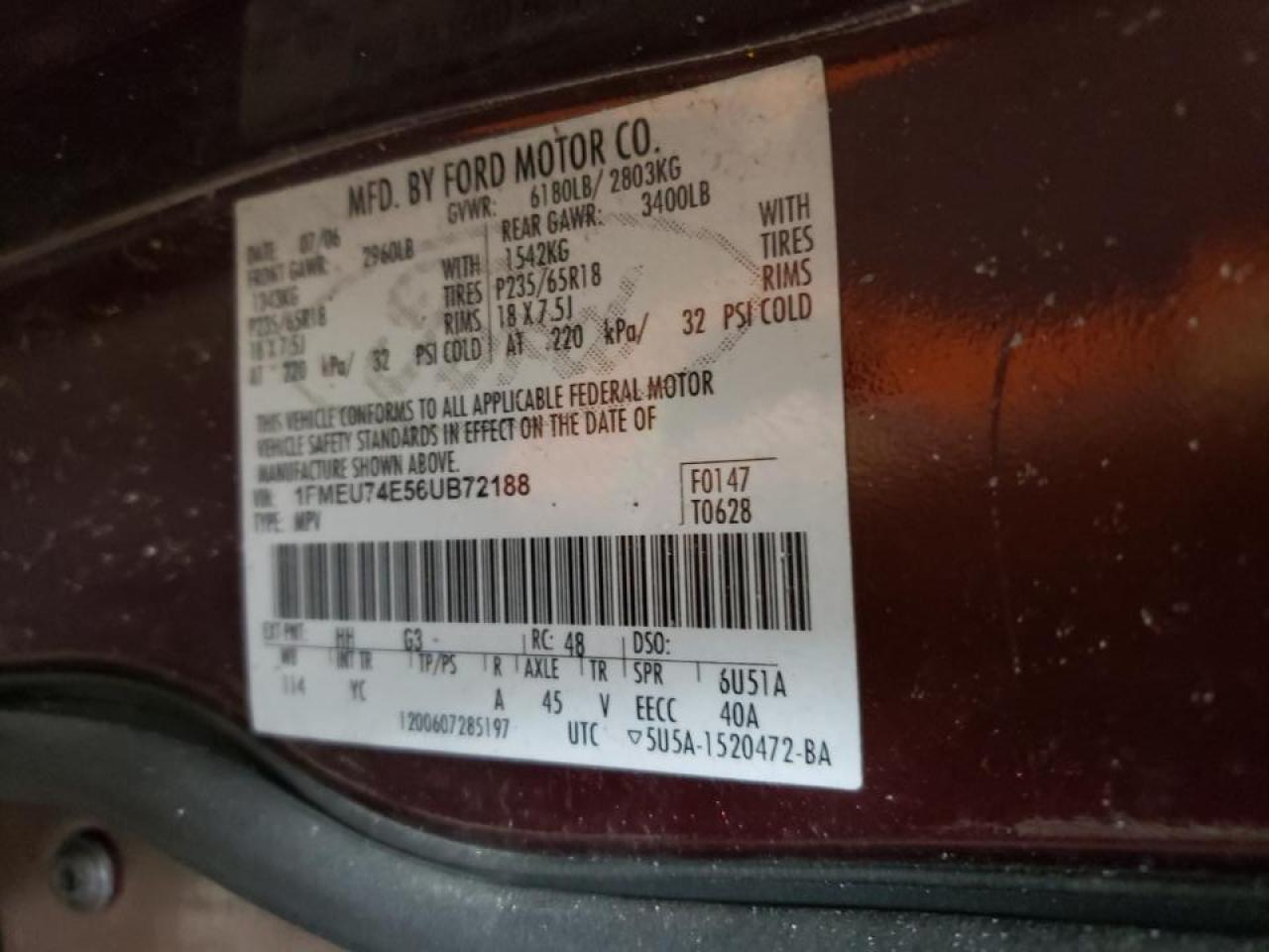Photo 10 from auction – 2006 FORD EXPLORER E with VIN 1FMEU74E56UB72188