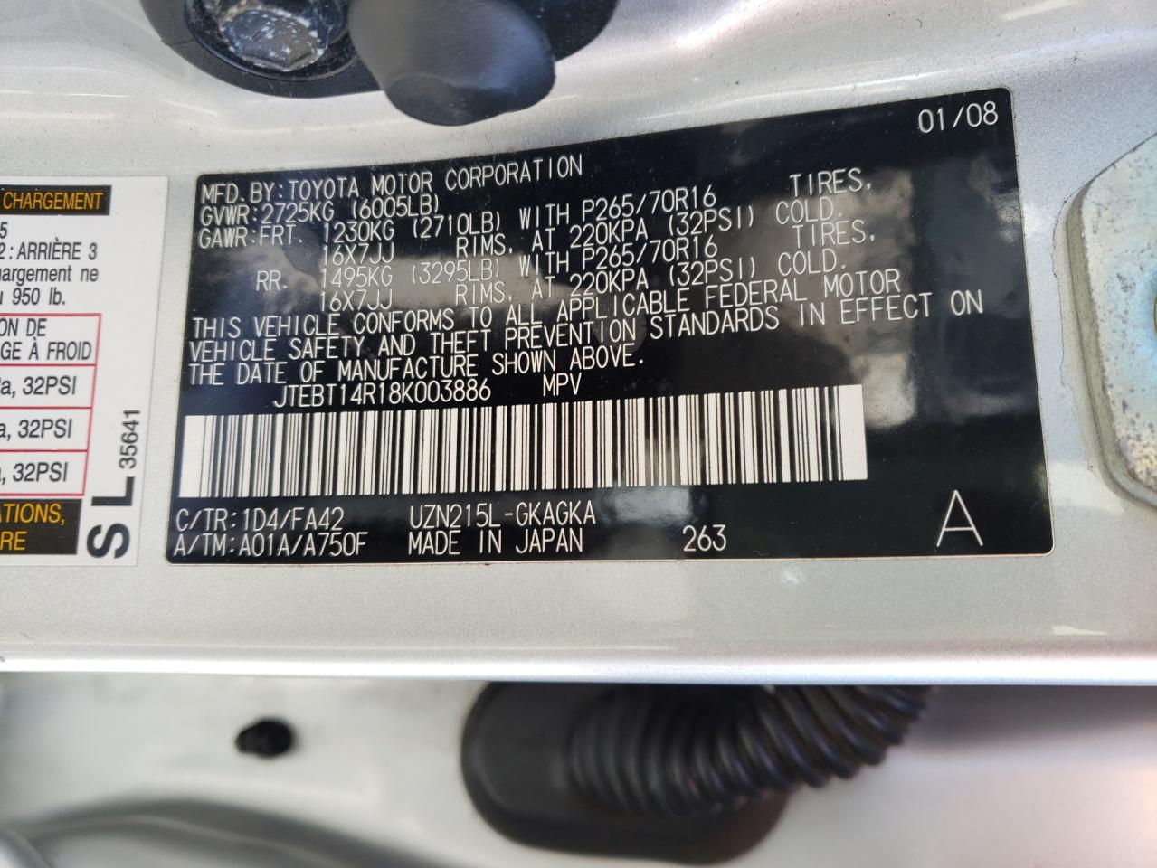 Photo 10 from auction – 2008 TOYOTA 4RUNNER SR with VIN JTEBT14R18K003886