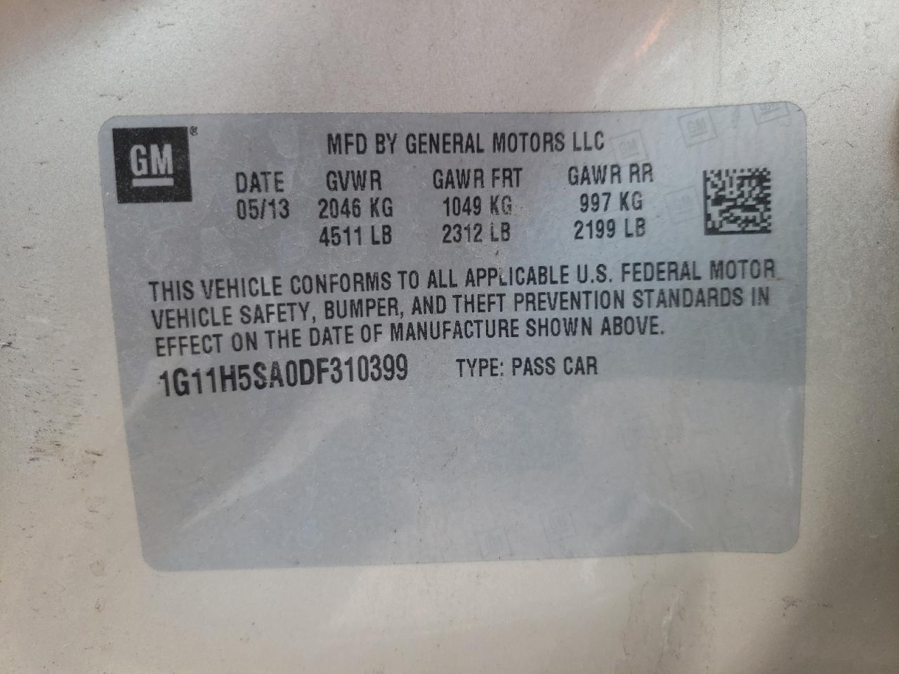 Photo 10 from auction – 2013 CHEVROLET MALIBU LTZ with VIN 1G11H5SA0DF310399