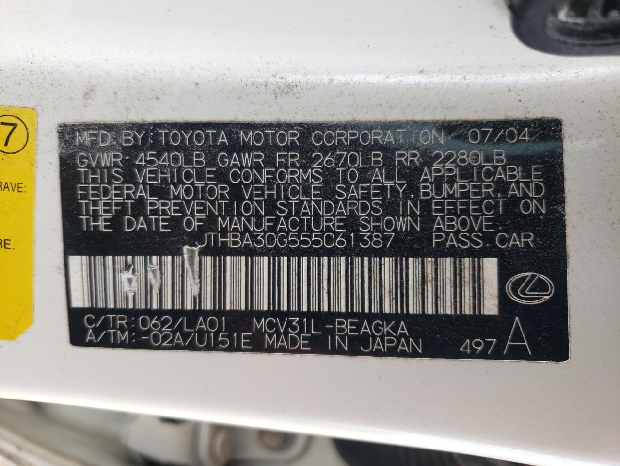 Photo 10 from auction – 2005 LEXUS ES330 with VIN JTHBA30G555061387