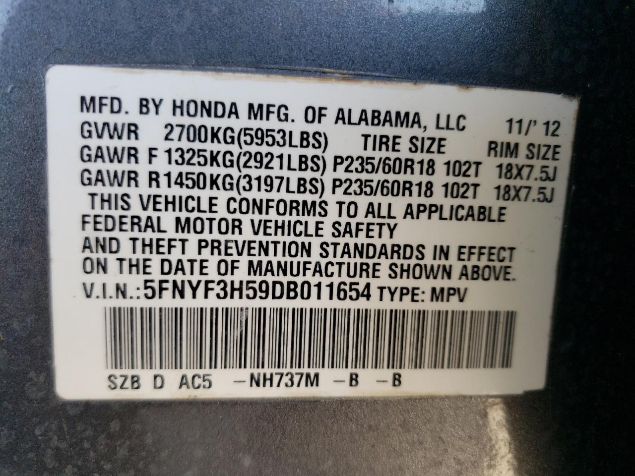 Photo 10 from auction – 2013 HONDA PILOT EXL with VIN 5FNYF3H59DB011654