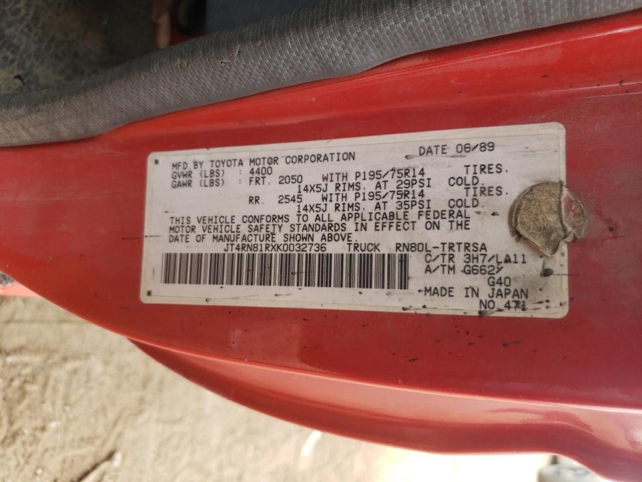 Photo 10 from auction – 1989 TOYOTA PICKUP 1/2 with VIN JT4RN81RXK0032736