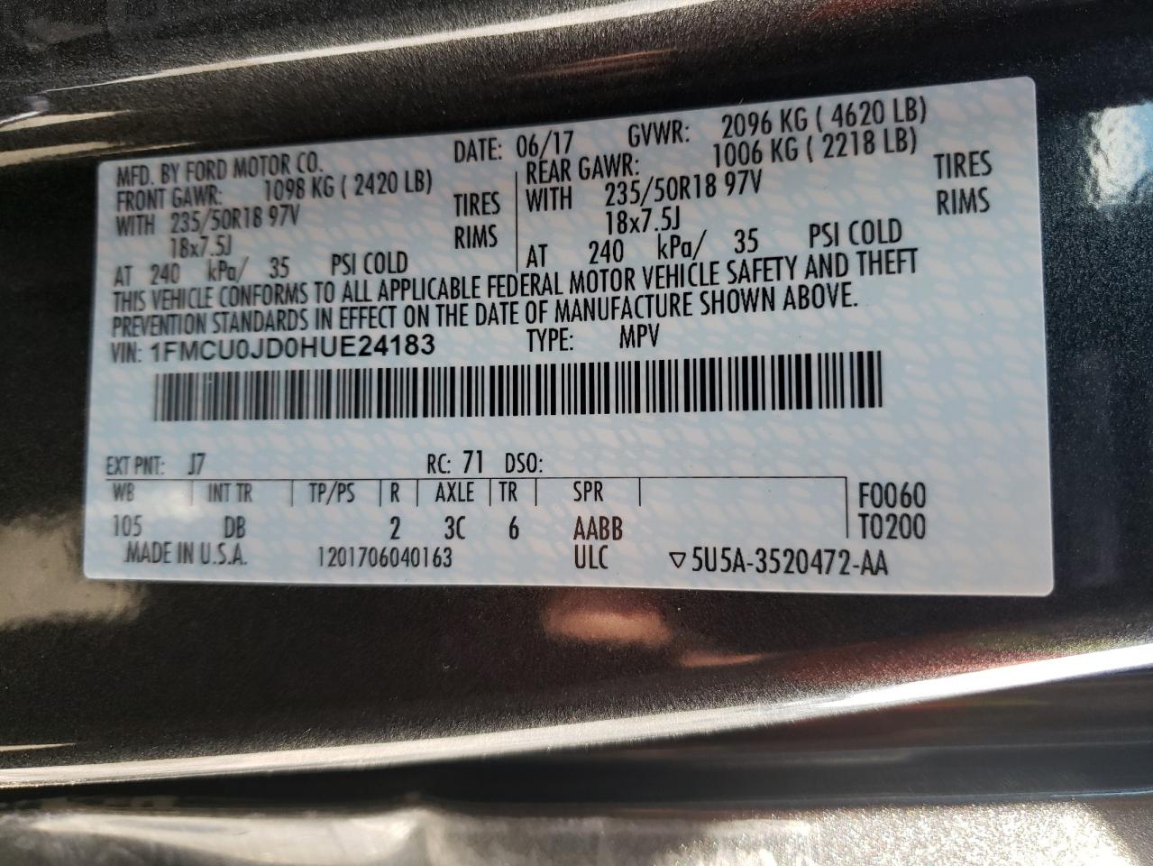 Photo 10 from auction – 2017 FORD ESCAPE TIT with VIN 1FMCU0JD0HUE24183
