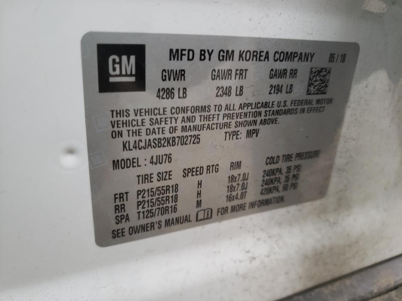 Photo 10 from auction – 2019 BUICK ENCORE PRE with VIN KL4CJASB2KB702725