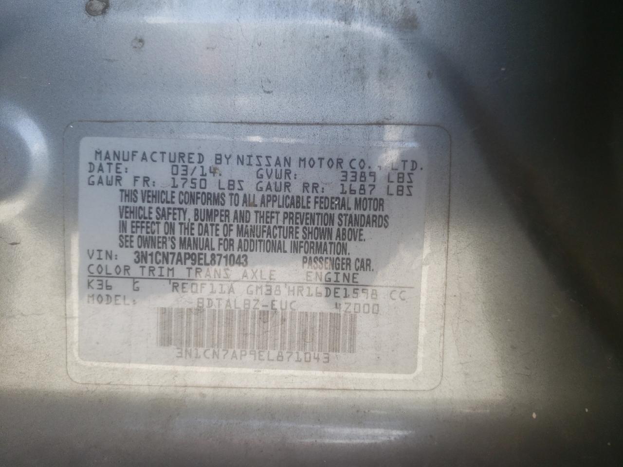 Photo 10 from auction – 2014 NISSAN VERSA S with VIN 3N1CN7AP9EL871043