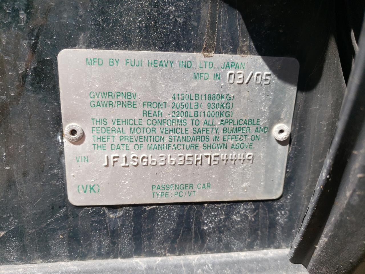 Photo 10 from auction – 2005 SUBARU FORESTER 2 with VIN JF1SG63635H754449