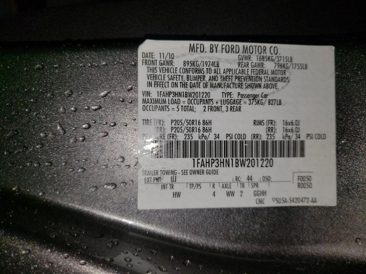 Foto 10 de la subasta – 2011 FORD FOCUS SEL con VIN 1FAHP3HN1BW201220