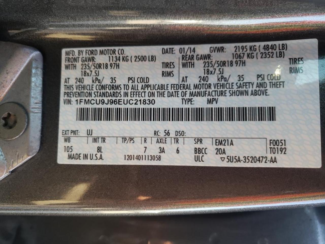 Photo 10 from auction – 2014 FORD ESCAPE TIT with VIN 1FMCU9J96EUC21830