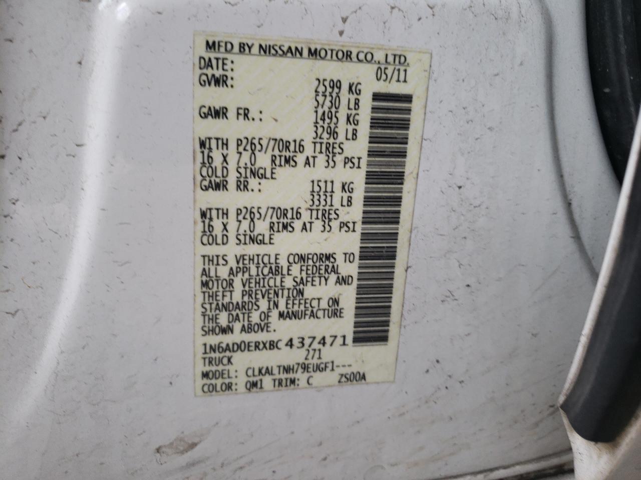 Photo 10 from auction – 2011 NISSAN FRONTIER S with VIN 1N6AD0ERXBC437471