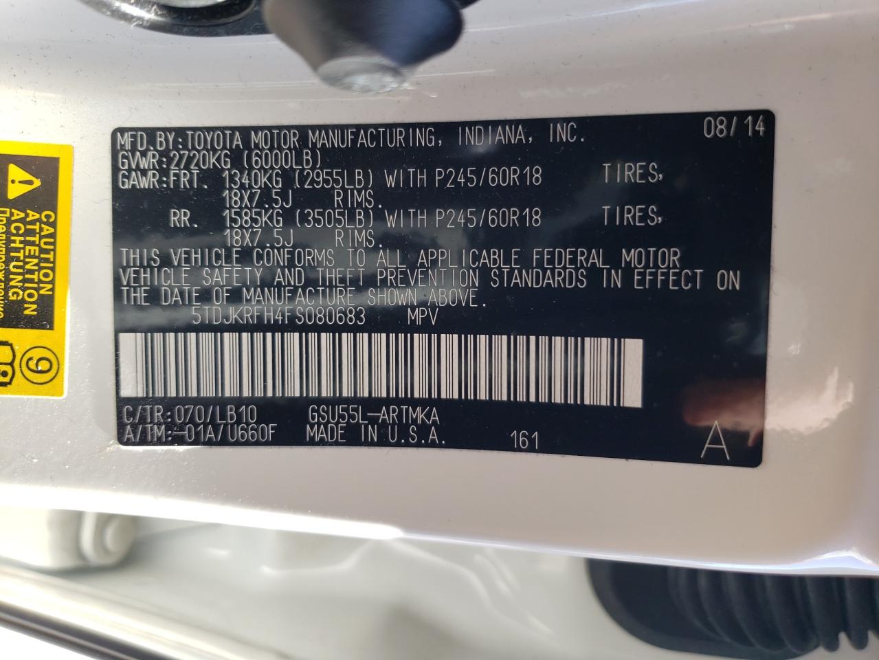 Photo 10 from auction – 2015 TOYOTA HIGHLANDER with VIN 5TDJKRFH4FS080683