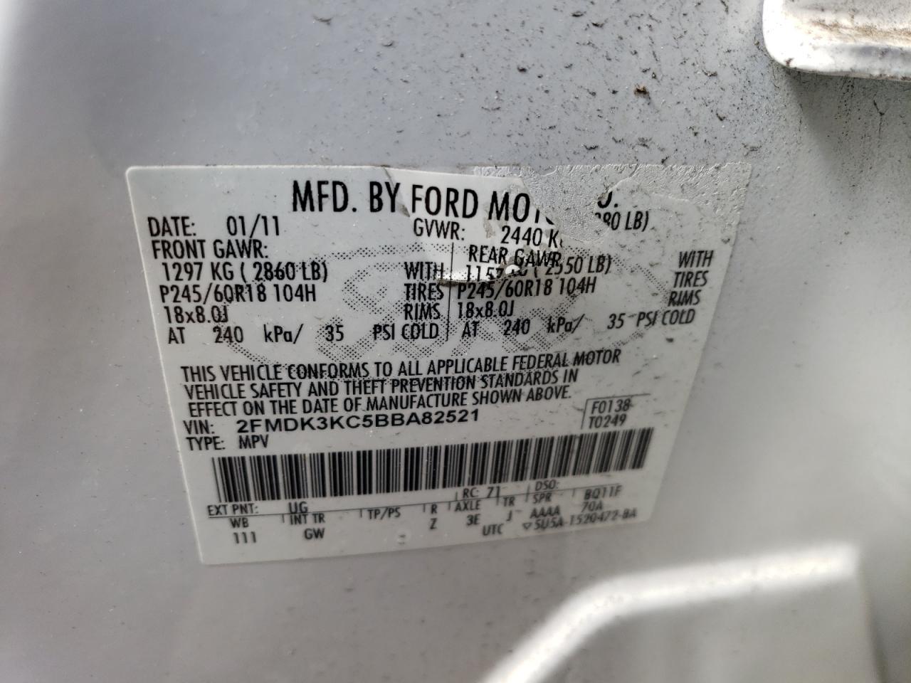 Photo 10 from auction – 2011 FORD EDGE LIMIT with VIN 2FMDK3KC5BBA82521