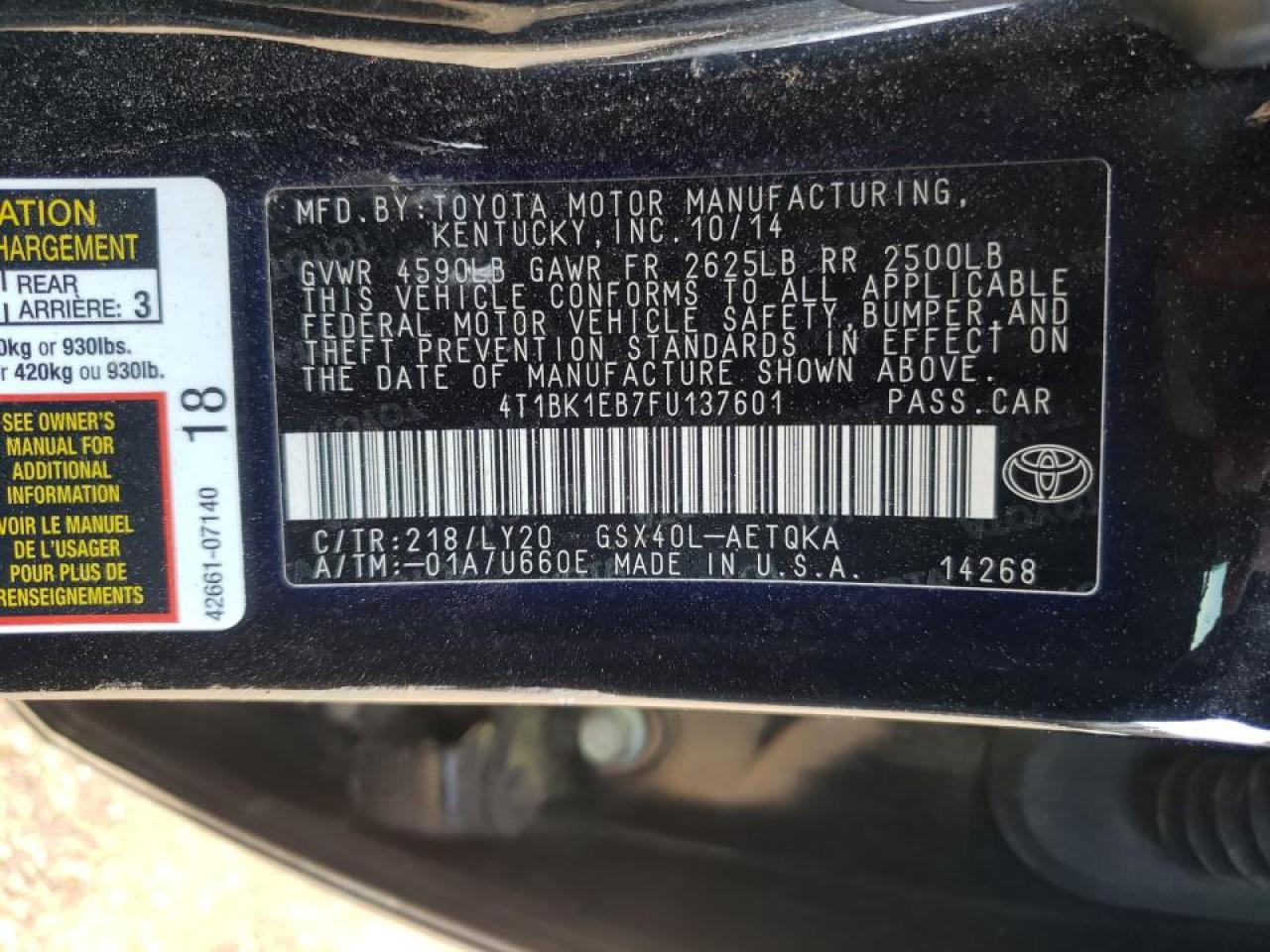 Photo 10 from auction – 2015 TOYOTA AVALON XLE with VIN 4T1BK1EB7FU137601