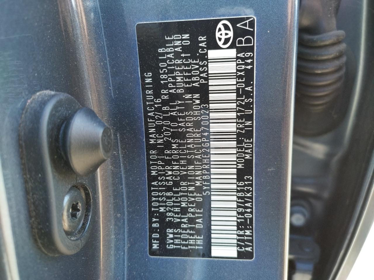 Photo 10 from auction – 2016 TOYOTA COROLLA EC with VIN 5YFBPRHE2GP470023