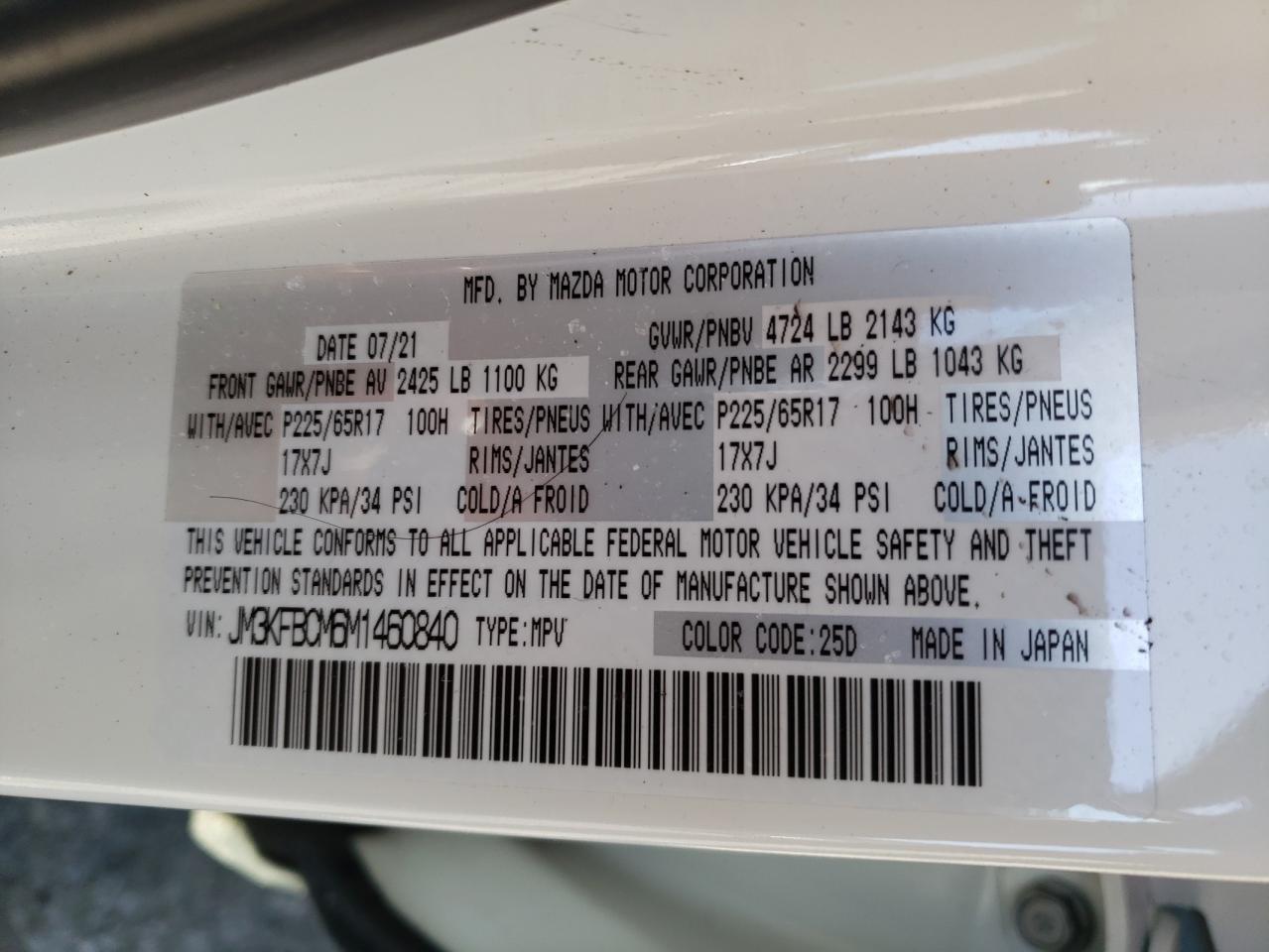 Photo 10 from auction – 2021 MAZDA CX-5 TOURI with VIN JM3KFBCM6M1460840