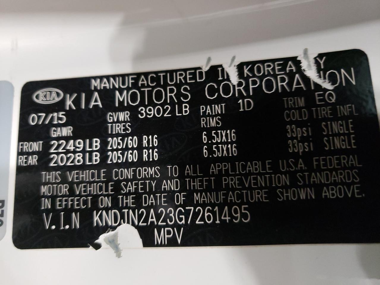 Photo 10 from auction – 2016 KIA SOUL with VIN KNDJN2A23G7261495