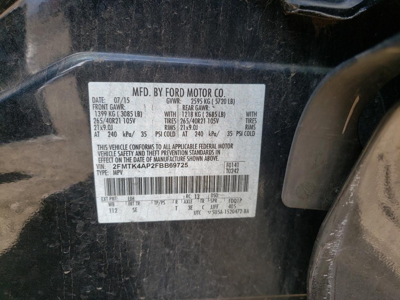Photo 10 from auction – 2015 FORD EDGE SPORT with VIN 2FMTK4AP2FBB69725