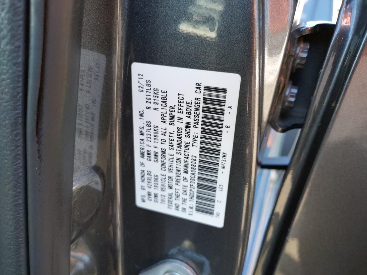 Photo 10 from auction – 2012 HONDA ACCORD LX with VIN 1HGCP2F39CA088083